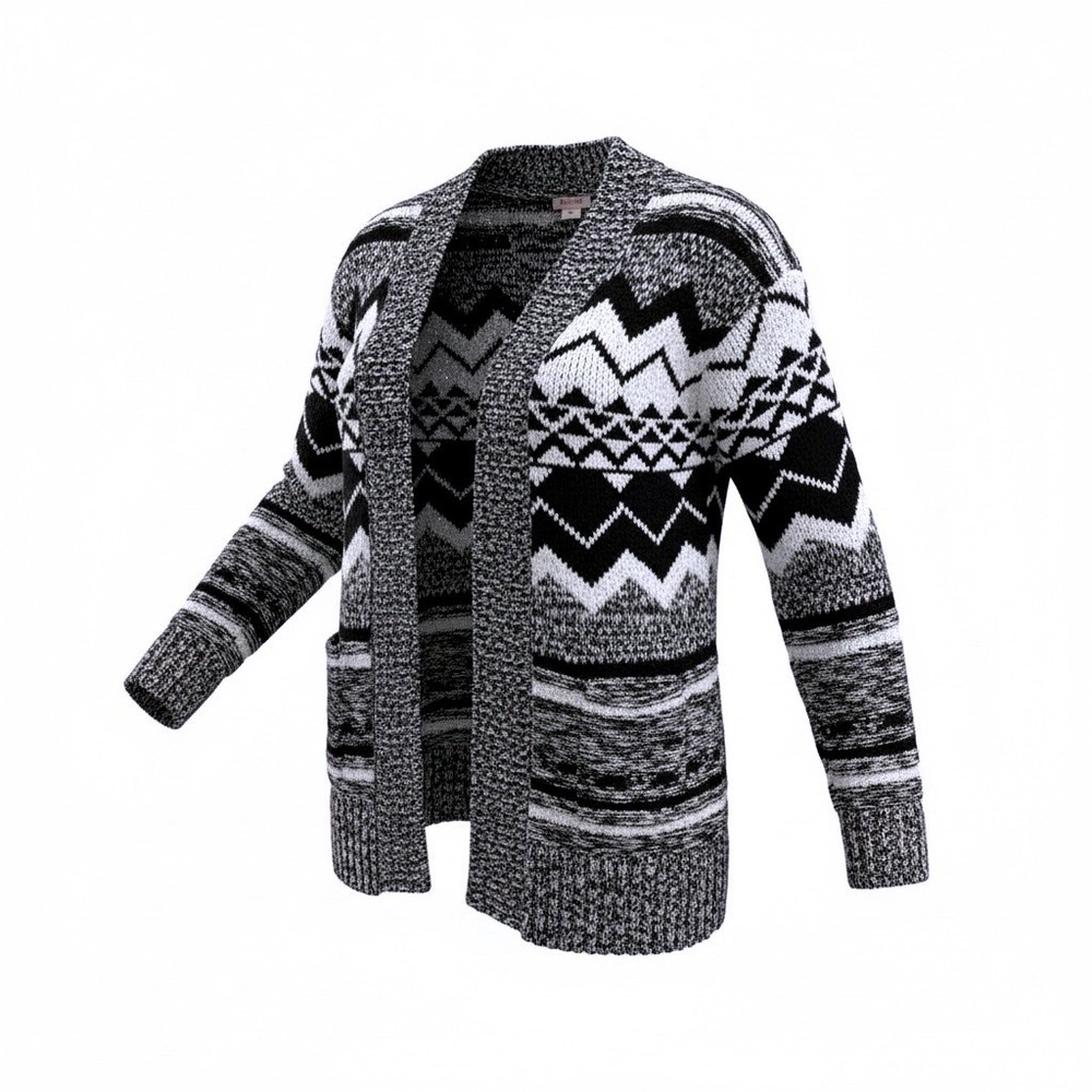 Mossimo Supply Co Womens Black White Geometric Fair Isle Open Front Cardigan L